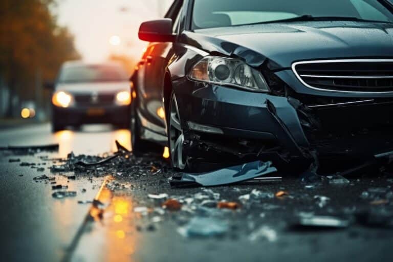 A black car with front-end damage at the accident scene | auto accidents attorney | NBF Accident Law