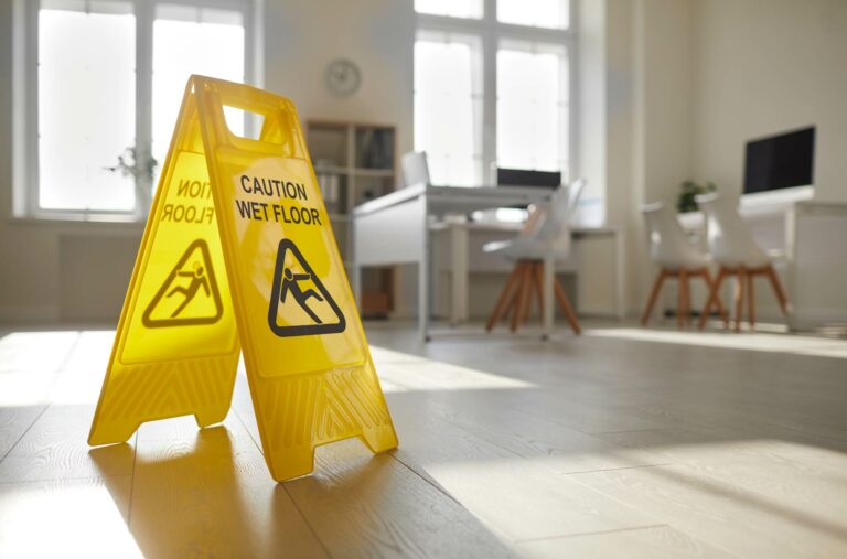 Close-up view of a yellow "Caution Wet Floor" sign | premises liability lawyer | NBF Accident Law